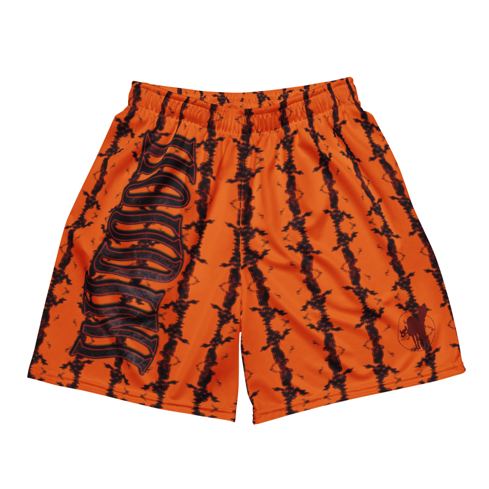 Image of barbed jester lifting shorts in limited halloween orange