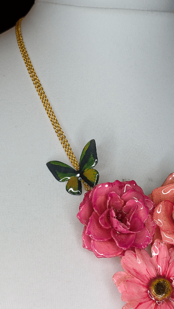 Image of OOAK Pink Roses & Art Butterfly Necklace