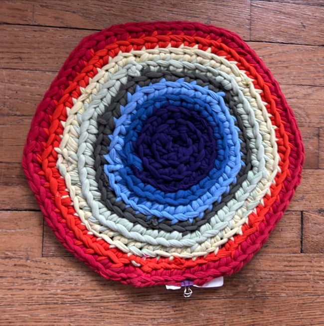 rainbow t-shirt yarn crochet mini round rug, 13” diameter