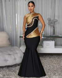 Image 3 of MELBA BLACK GOLD RHINESTONES MAXI BANDAGE DRESS