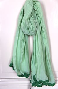 Image of green shawl with crocheted ends