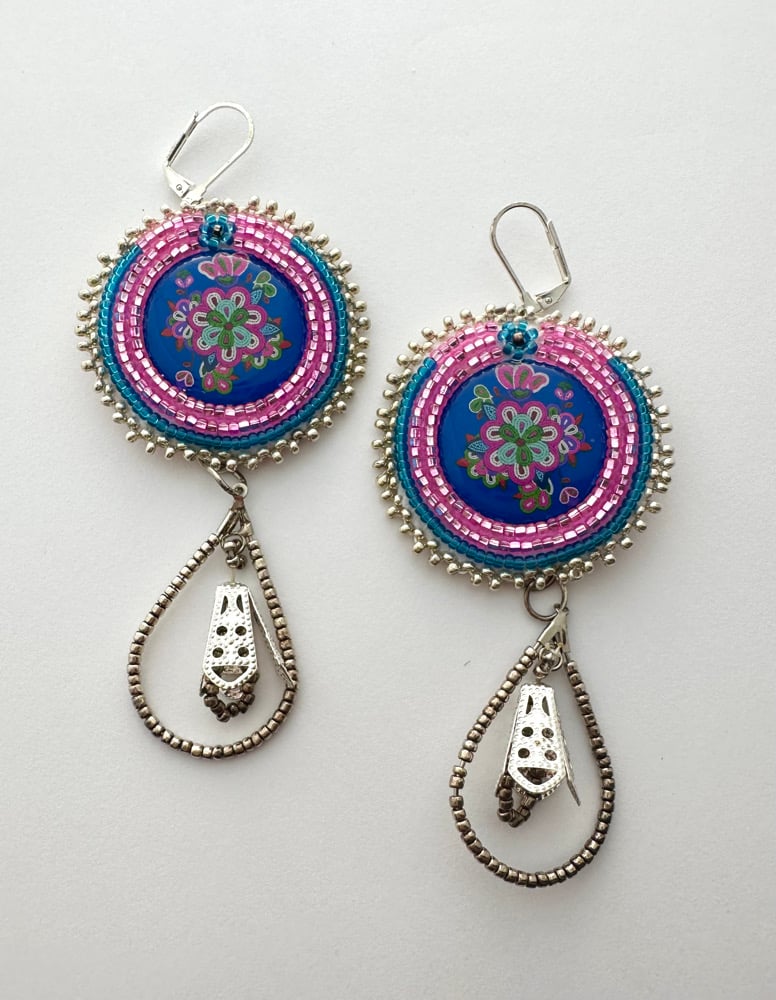 Image of Blue & Pink Beaded floral earrings