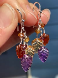 Image 4 of Hessonite Garnet Earrings, Amethyst Earrings, Citrine Earrings Autumn Leaves Carved Gemsto Earrings
