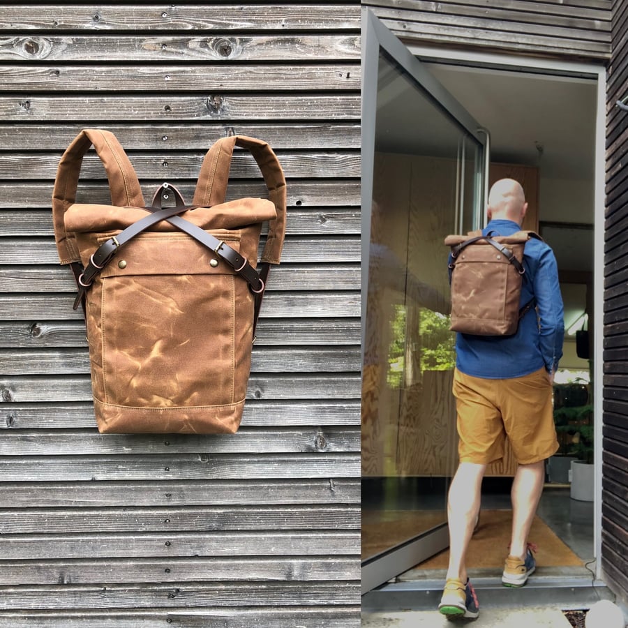 Image of Waterproof backpack medium size rucksack in waxed canvas, with volume front pocket and double layere