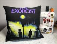 Image 1 of Upcycled “Exorcist” t-shirt pillow w/salvaged denim