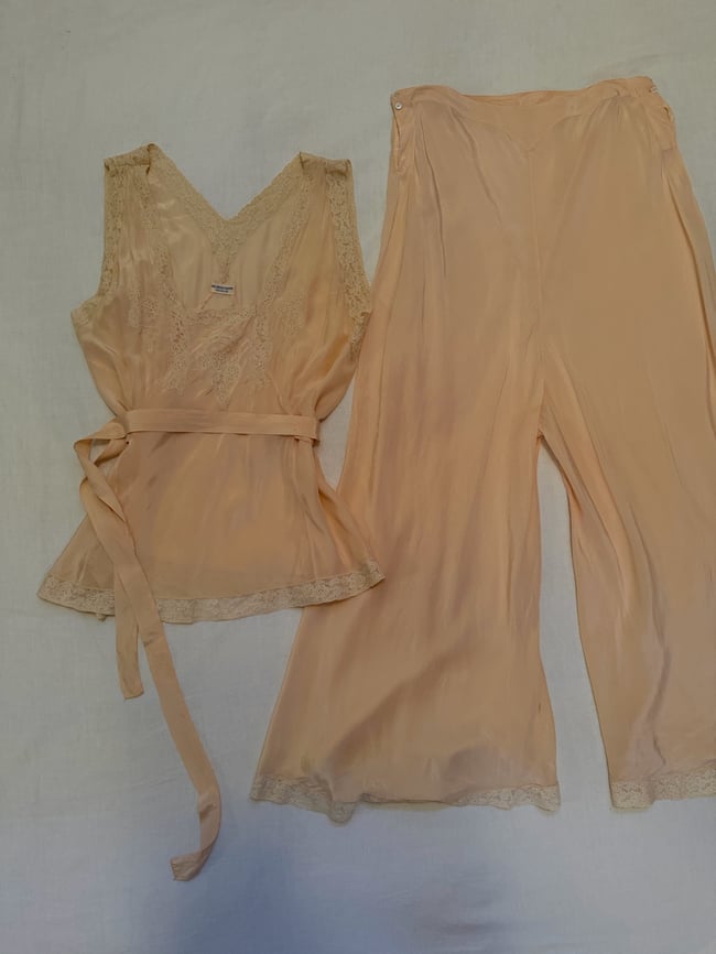 1920s 30s silk and lace pajama set lingerie beach lounge trousers