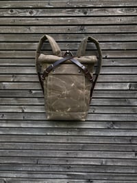 Image 3 of Field tan backpack medium size rucksack in waxed canvas, with volume front pocket and double layered