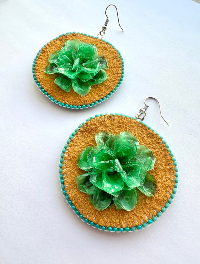 Image of Large Round Teal Fish Scale Earrings