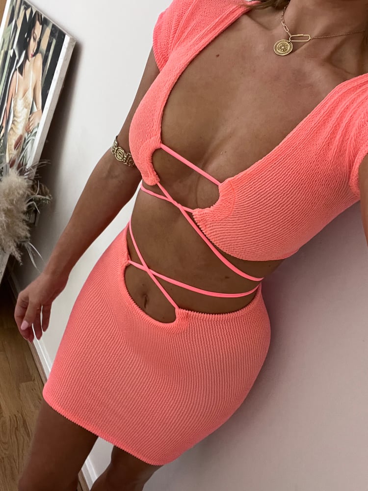 Image of Peach Crinkle Strappy Wrap Ties Skirt Set