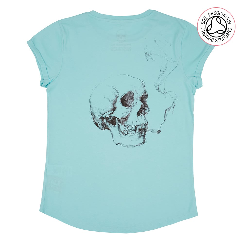 Smoking Skull Women's Turquoise 'Back Print' Roll T (Organic)