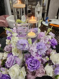 Image 1 of 60 cm White and lavender Flower Ring  with cylinder glass vase $50 for the set 