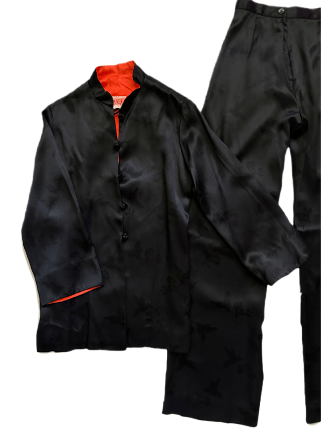 70s satin jacquard trouser set, red lining and hummingbird jacquard 