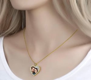 Rhinestone Crystal Heart Shape Photo Necklace 14K Gold Plated 