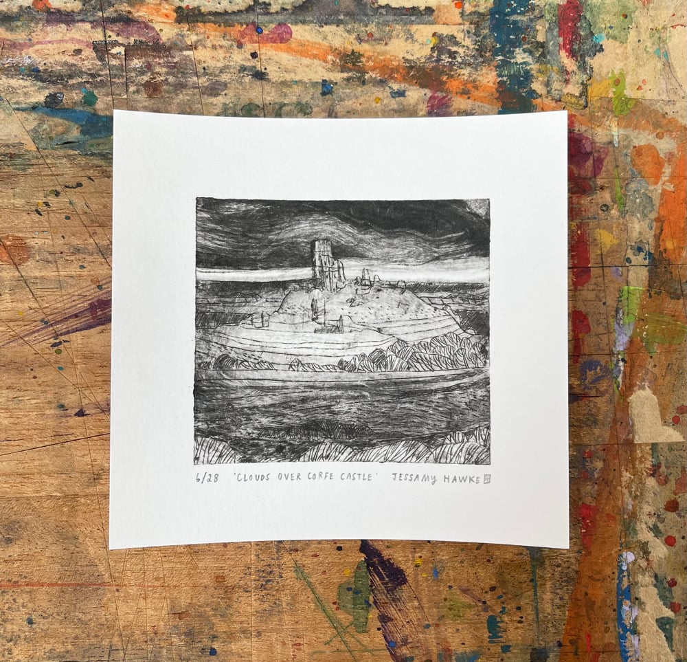 ‘Clouds above Corfe Castle’ original drypoint etching