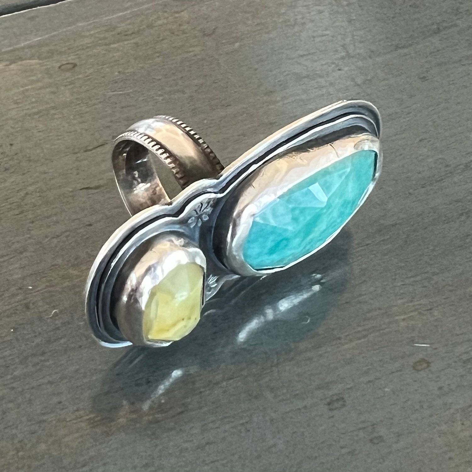 Image of Opal & Amazonite Sterling Silver Statement Ring, Size 5.5