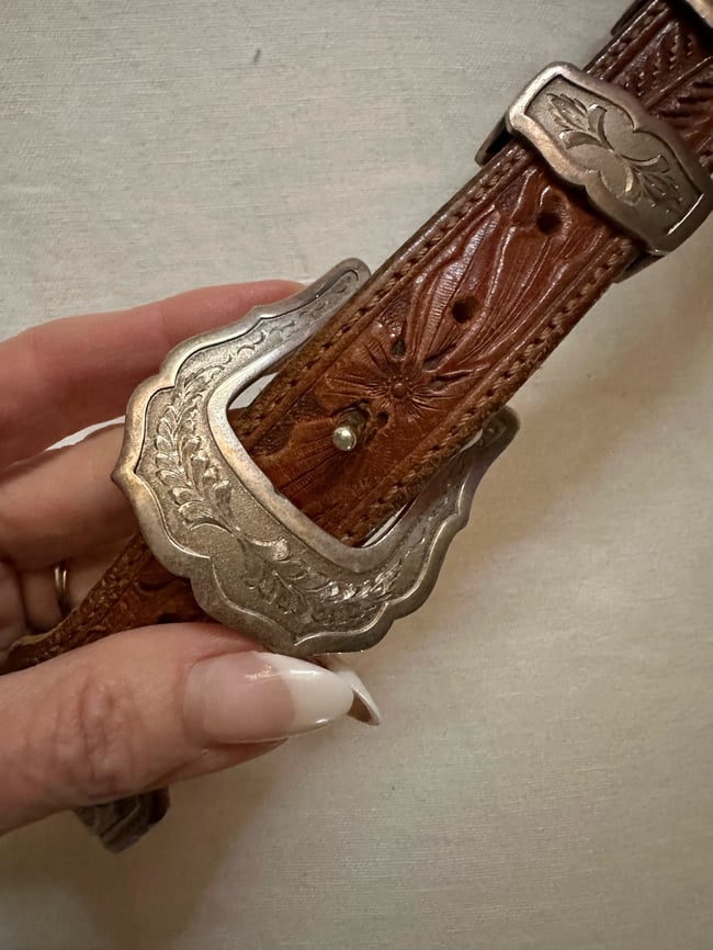 70s sterling silver leather Douglas Madnus Santa Fe belt ranger set