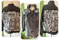 Image 1 of Upcycled “Haring Subway Graffiti” tapestry denim jacket