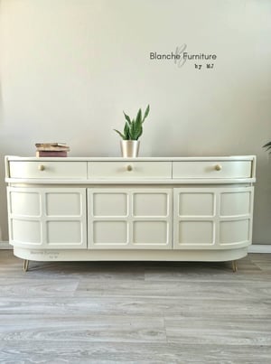 Image of Stunning Nathan Curved Sideboard in Off White on Gold Hairpin Legs