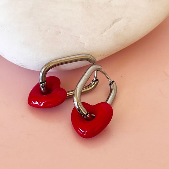 Image of Oval Huggies with Red Glass Heart
