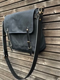 Image 4 of Black satchel in waxed canvas / Musette with leather cross body strap UNISEX