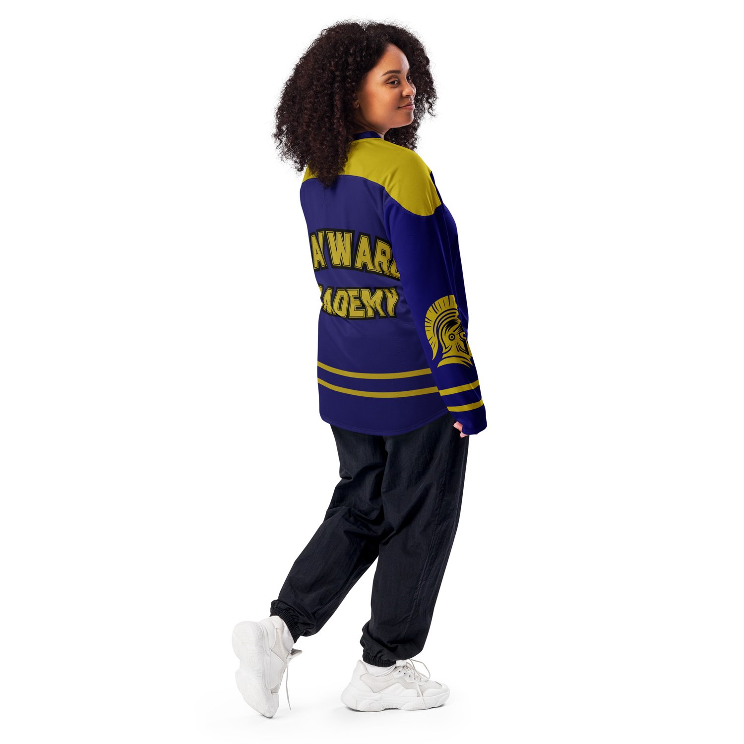 Image of Officially licensed Wayward logo gold and navy Recycled hockey fan jersey