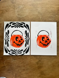 halloween linocut reduction print - trick or treat