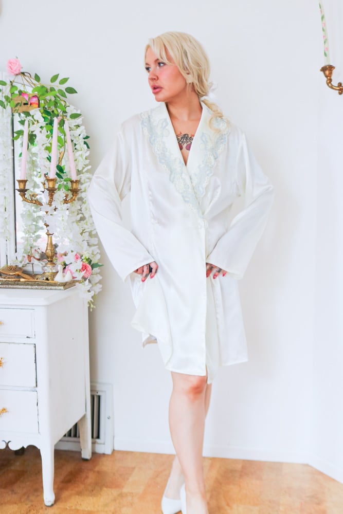 Image of Y2K Victorias Secret Silky White Cross Robe with Blue Floral lace (M/L)