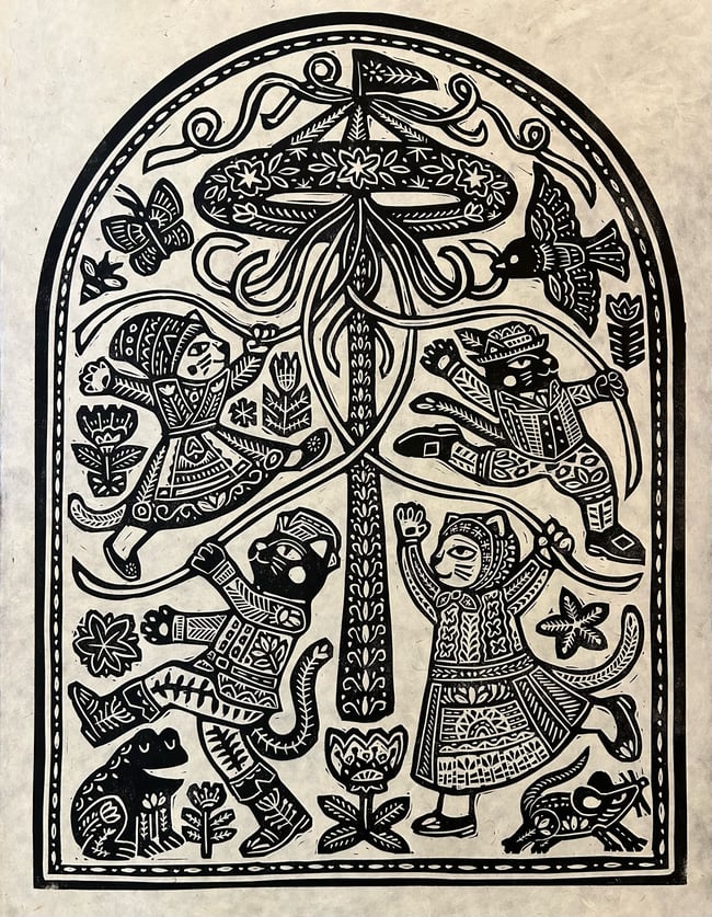 Maypole Cats Block Print