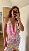 Heavily embellished Disc sequin Pink mesh halterneck cowl tie top