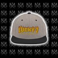 Image 1 of embroidered Snapback Hat lucky 7 burning