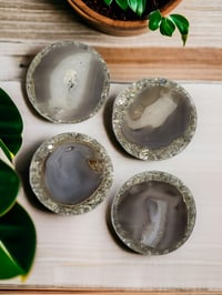 Image 1 of Set of 4 Agate & Grey Moonstone Crystal Resin Coasters With Holder 'The Eternal'