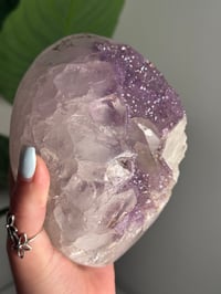 Image 8 of LAVENDER DRUZY QUARTZ EGG WITH RAINBOW FILLED CALCITE POINT ON A STAND -URUGUAY-