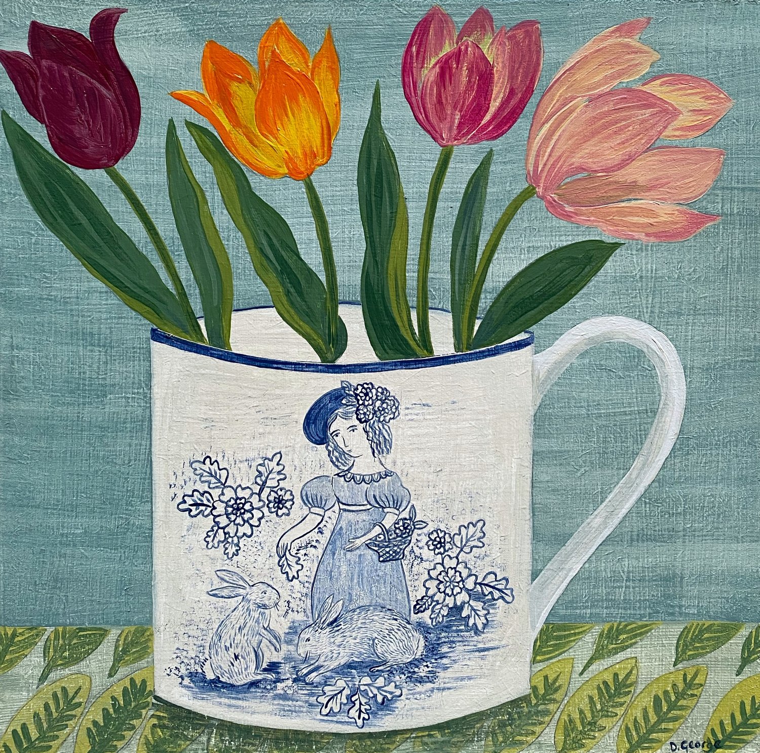 Image of Feeding the rabbits cup and tulips