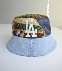 Image 1 of Reworked LÁ Reversible Bucket Hat Quilt Denim Medium 23" 7 1/4