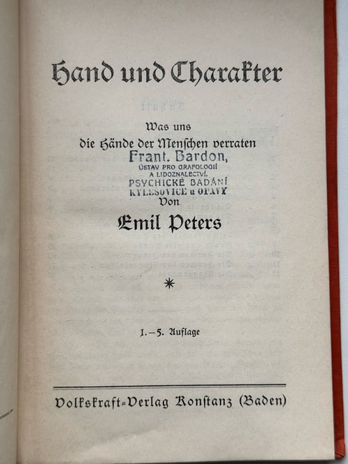 Image of Original Book from Library of Franz Bardon - Emil Peters: Hand und Charakter