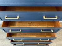 Image 5 of Vintage Stag Chateau Tallboy / Large Chest of Drawers painted in navy blue.