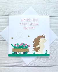 Image 1 of Handmade Hedgehog Birthday Card - Cute Animal Card with Flower Cart