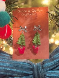 Image 1 of Frenchie Christmas tree earrings 