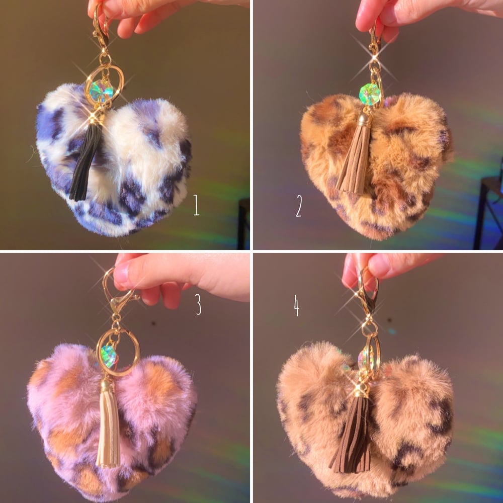 Animal print fuzzy heart keychains