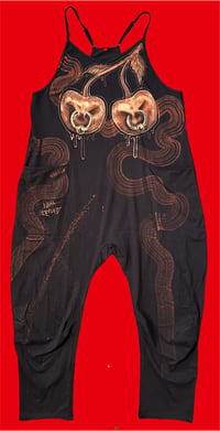 Image 1 of “CHERRIES” CUSTOM BLEACH PAINTED OVERSIZED ROMPER MEDIUM