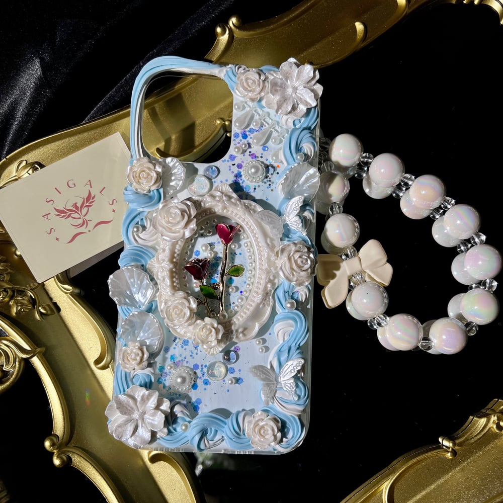 Image of Elegant Pastel Blue Red Rose Decoden Phone Case 