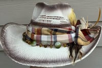 Image 1 of 2 Tone Brown Cowboy Hat Yellow Multi Colored Bandanna, Bead & Feather Band