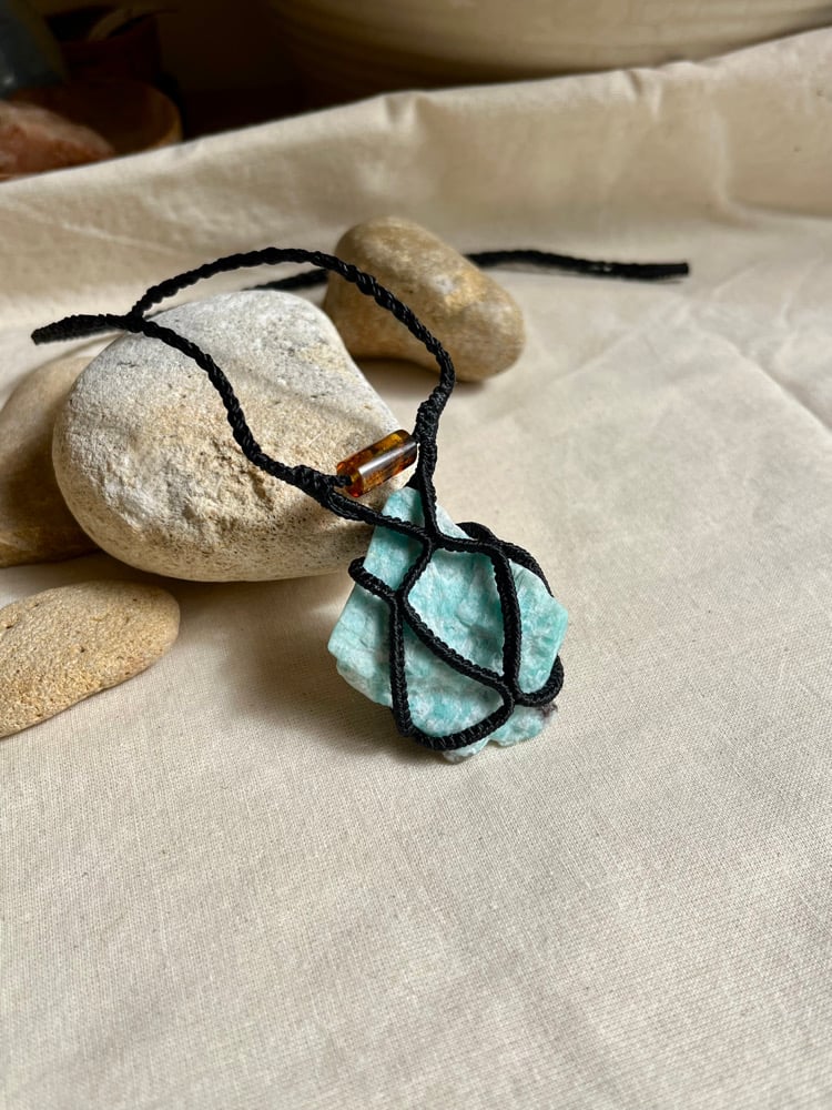 Image of macrame necklace with amazonite, amber and garnet 