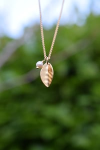 Image 4 of Gold Vermeil Leaf Necklace with striated texture  on 18 Inch Spiga Chain