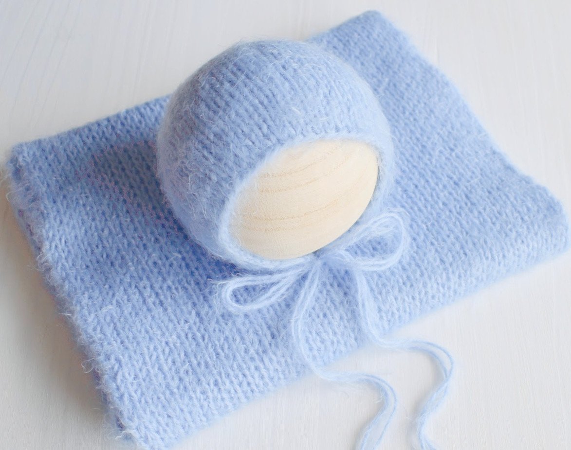 Image of Sky Fuzzy Knit Bonnet & Wrap