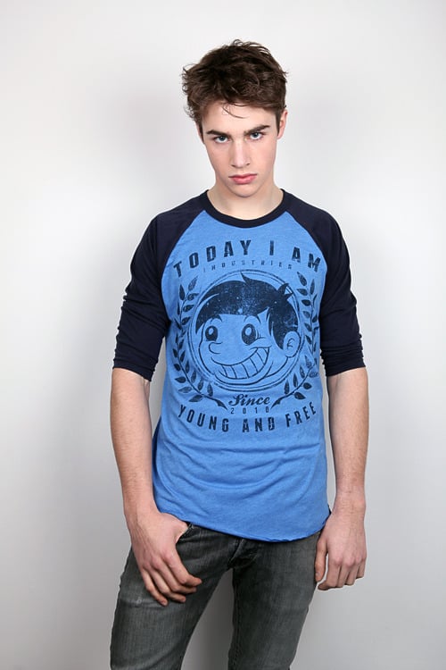 Image of "Crest" Blue/Navy Blue 3/4 Sleeve Baseball Tee Women