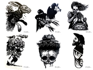 Folk Horror Alphabet linocut prints