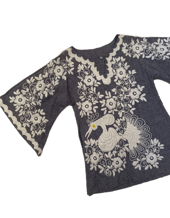 1970s hand embroidered angel sleeve cotton denim tunic