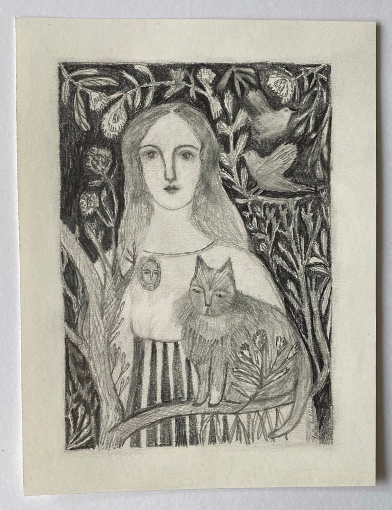 Image of woman and cat in a summer garden - original drawing
