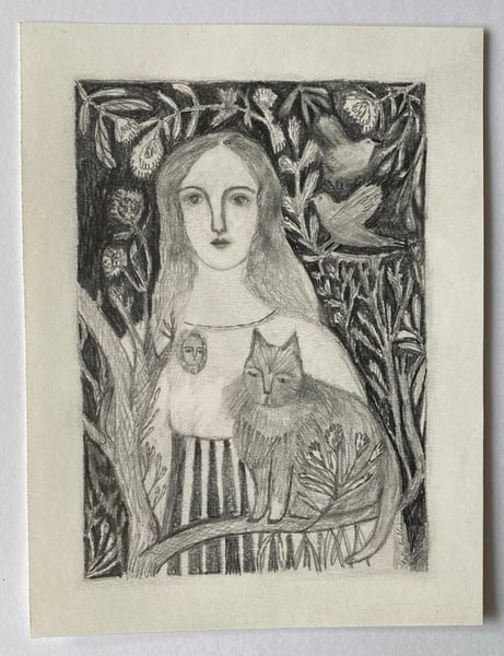 Image of woman and cat in a summer garden - original drawing 
